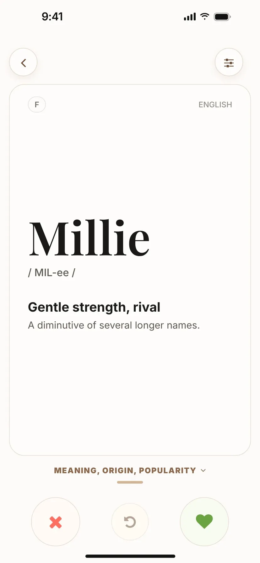 A Baby What? discover card for the name Millie, with pass, undo and love buttons.