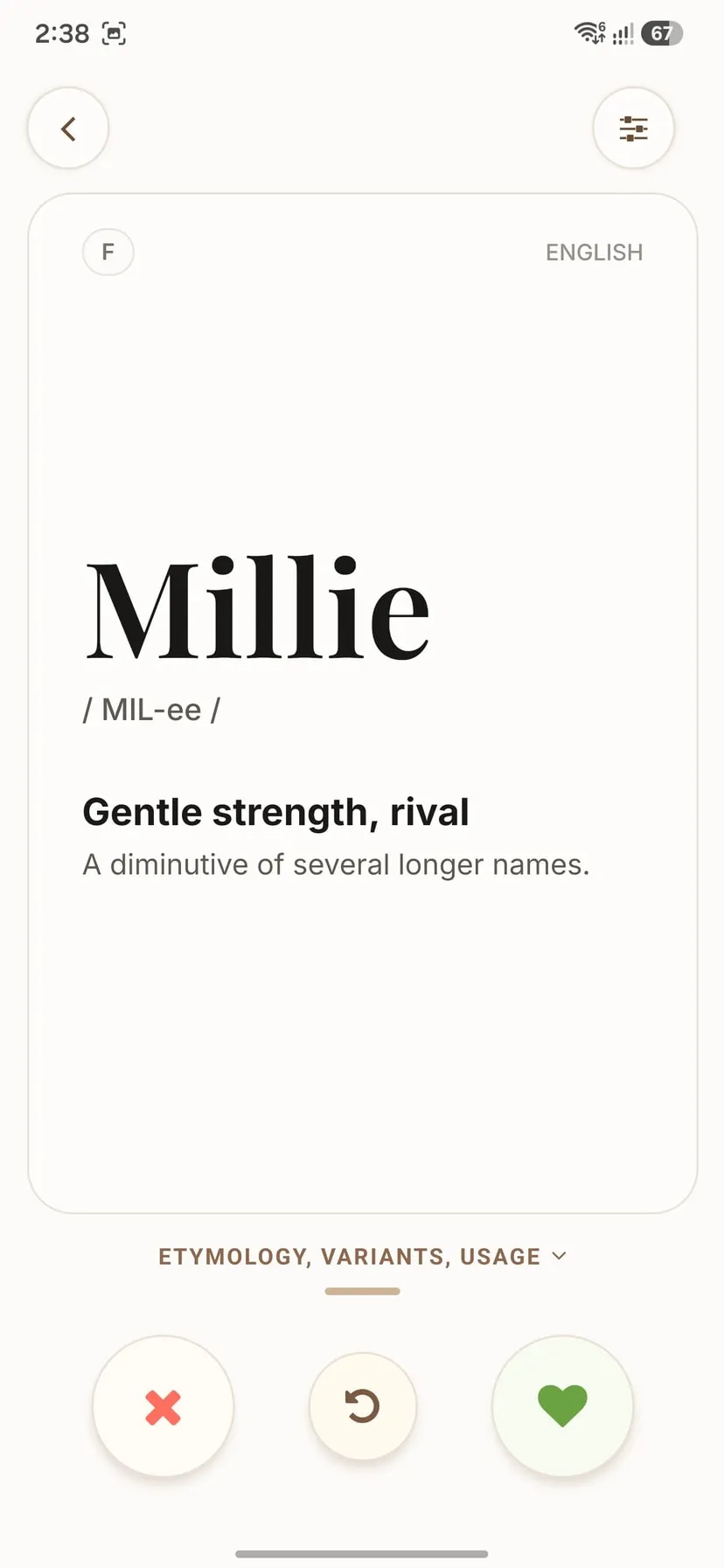 A Baby What? discover card for the name Millie, with pass, undo and love buttons.