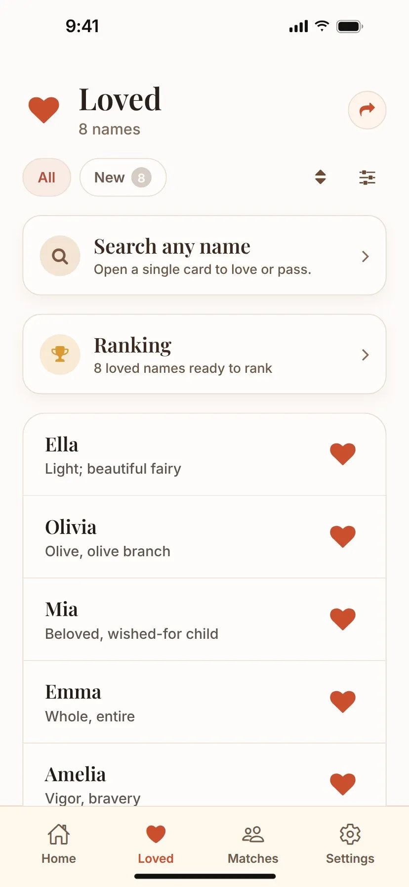 The Loved list showing eight loved names, each with its meaning.
