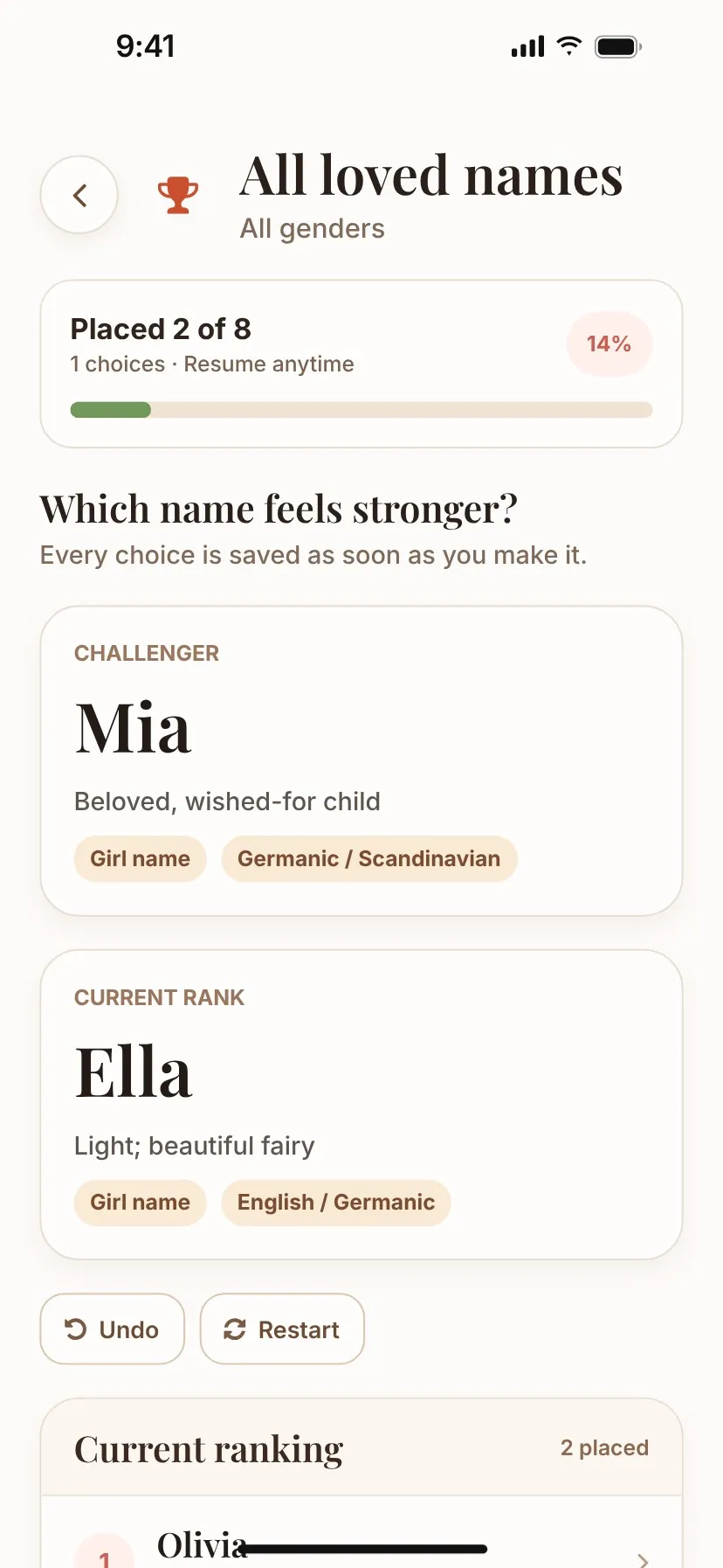 A head-to-head round asking which name feels stronger, Mia or Ella.