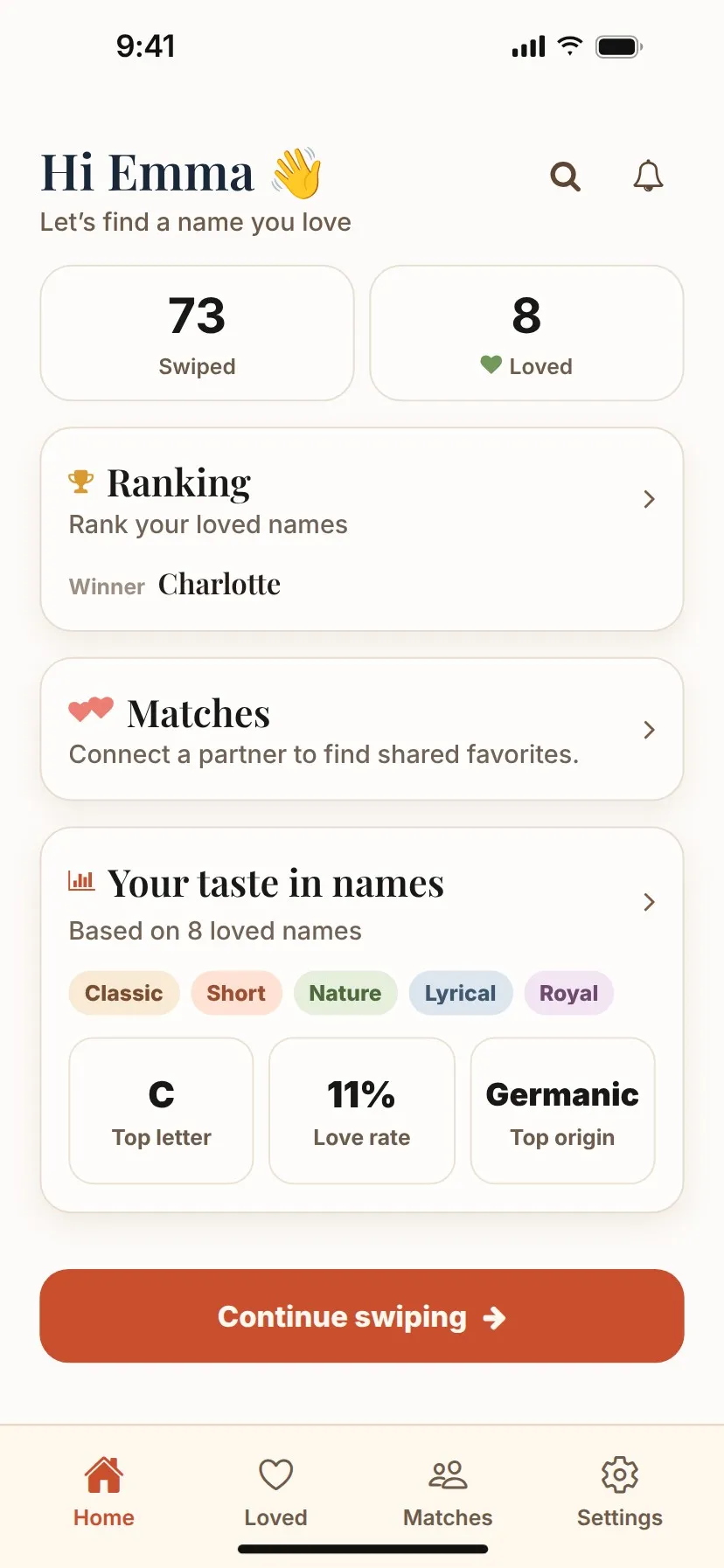 The home screen showing swipe and loved counts, the ranking, matches and a taste summary.