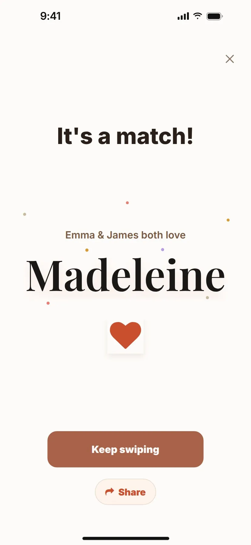 An “It's a match!” screen showing that Emma and James both loved the name Madeleine.