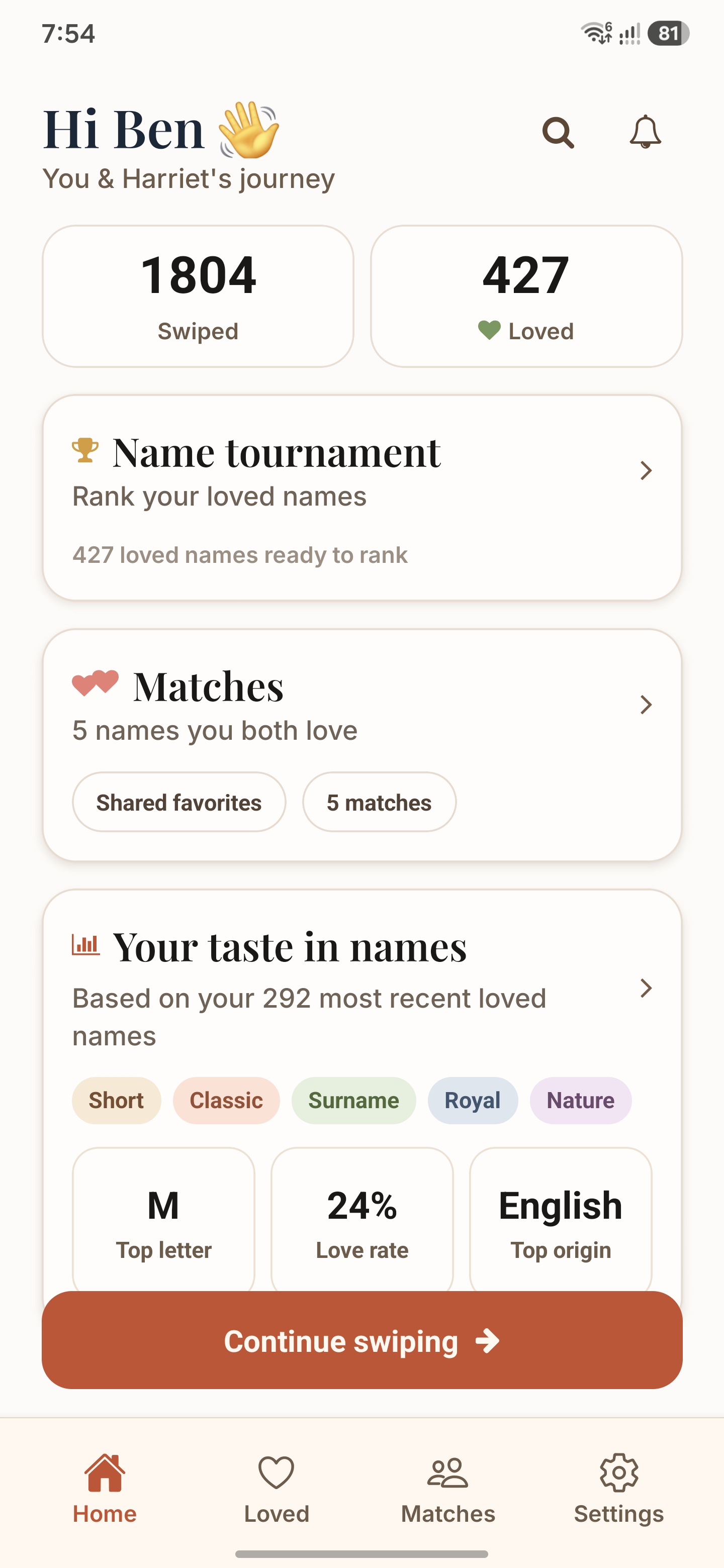 The Baby What? app showing a baby name on a discover card